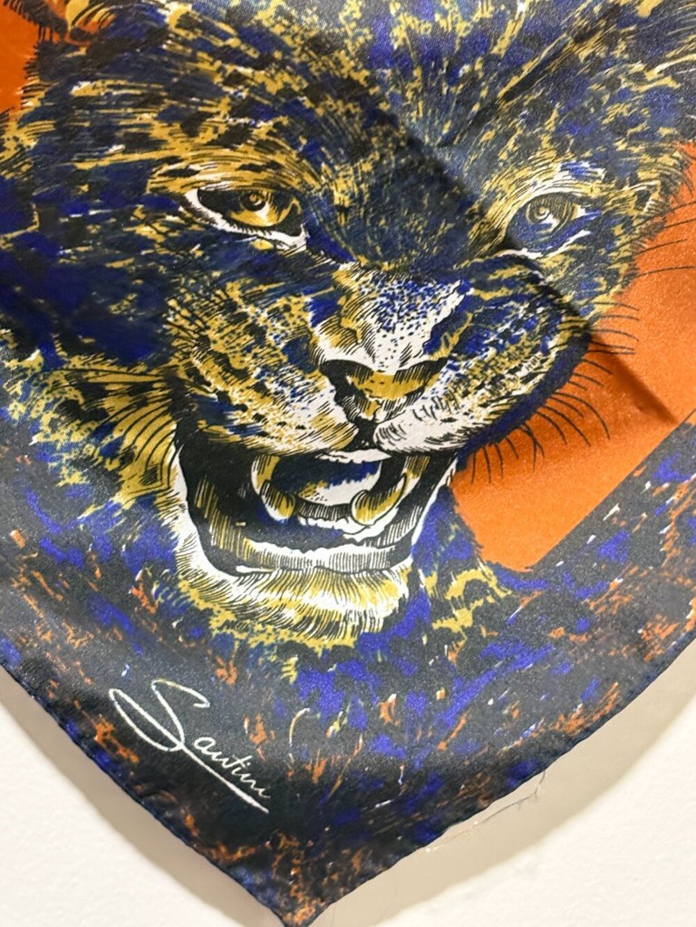 Vintage Signed Leopard Scarf Orange Cobalt Blue Black Satin Square Santini